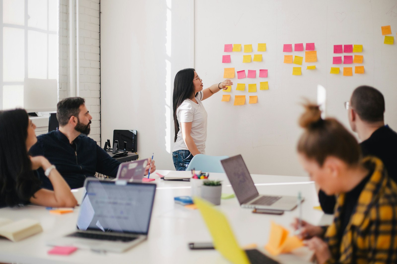 A team working together at a whiteboard